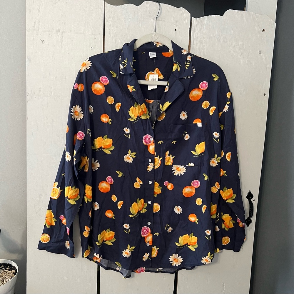 Old Navy Only Cotton Blue Orange Fruit Button Front Long Sleeve PJ Shirt